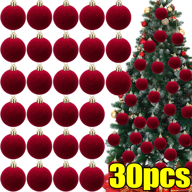 Velvet Christmas Balls Wine Red, Flocked Xmas Tree Pendents, Elegant Navidad Festival Ornaments, Party And Home Decor red 10pcs