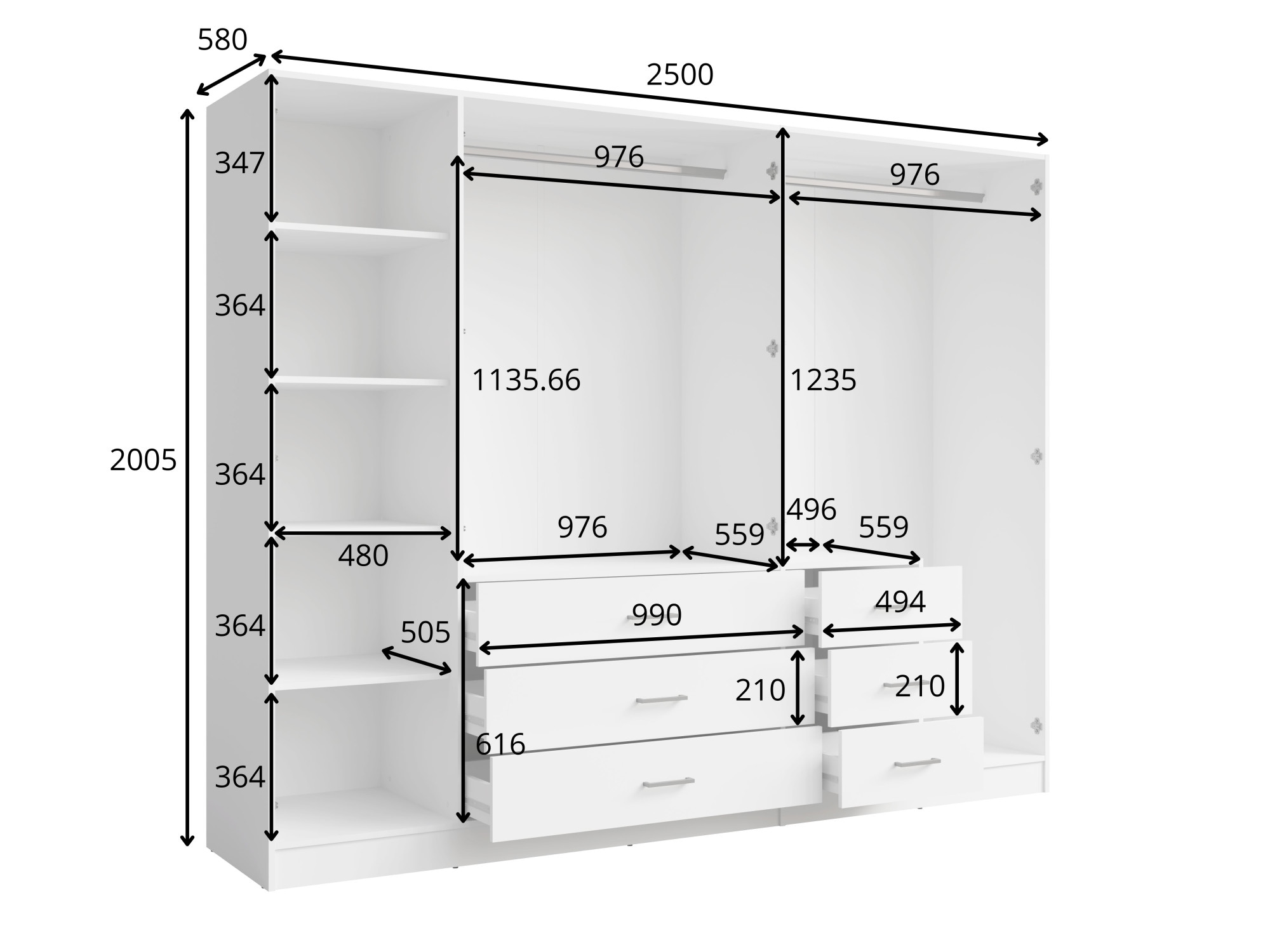 Kleiderschrank HOME AFFAIRE "KOS Garderobe mit 6 Schubladen, Kleiderstange, 5 Einlegeböden, Spiegel", beige, B:250cm H:200,5cm T:58cm, Melamin, Schränke, Kleiderschrank