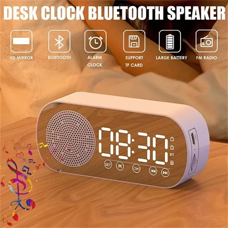 Haut-parleur Bluetooth pour horloge de bureau, radio FM, son HiFi, écran miroir HD, prise en charge de la carte TF, réveil de chambre, nouveau