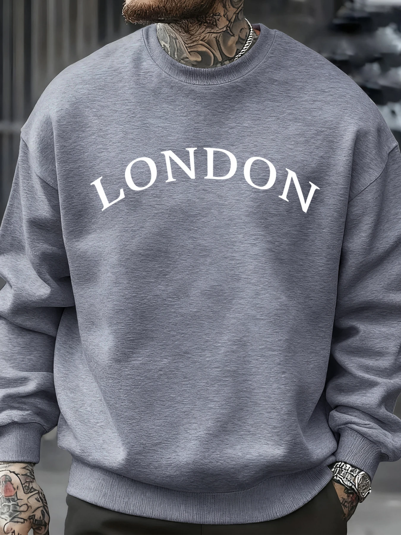 London Letter Auffälliger Druck Herren Sweatshirt O-Ausschnitt Weiche Kleidung Oversize Pullover Fleece Sportbekleidung Herbst Hip Hop Top