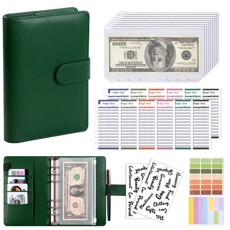 Loseblatt-Notizbuch aus PU-Leder von Macaron, Bargeldaufbewahrungs- und Buchhaltungsbuch, Familienfinanz-Reißverschlusstasche, Sparbuch Image