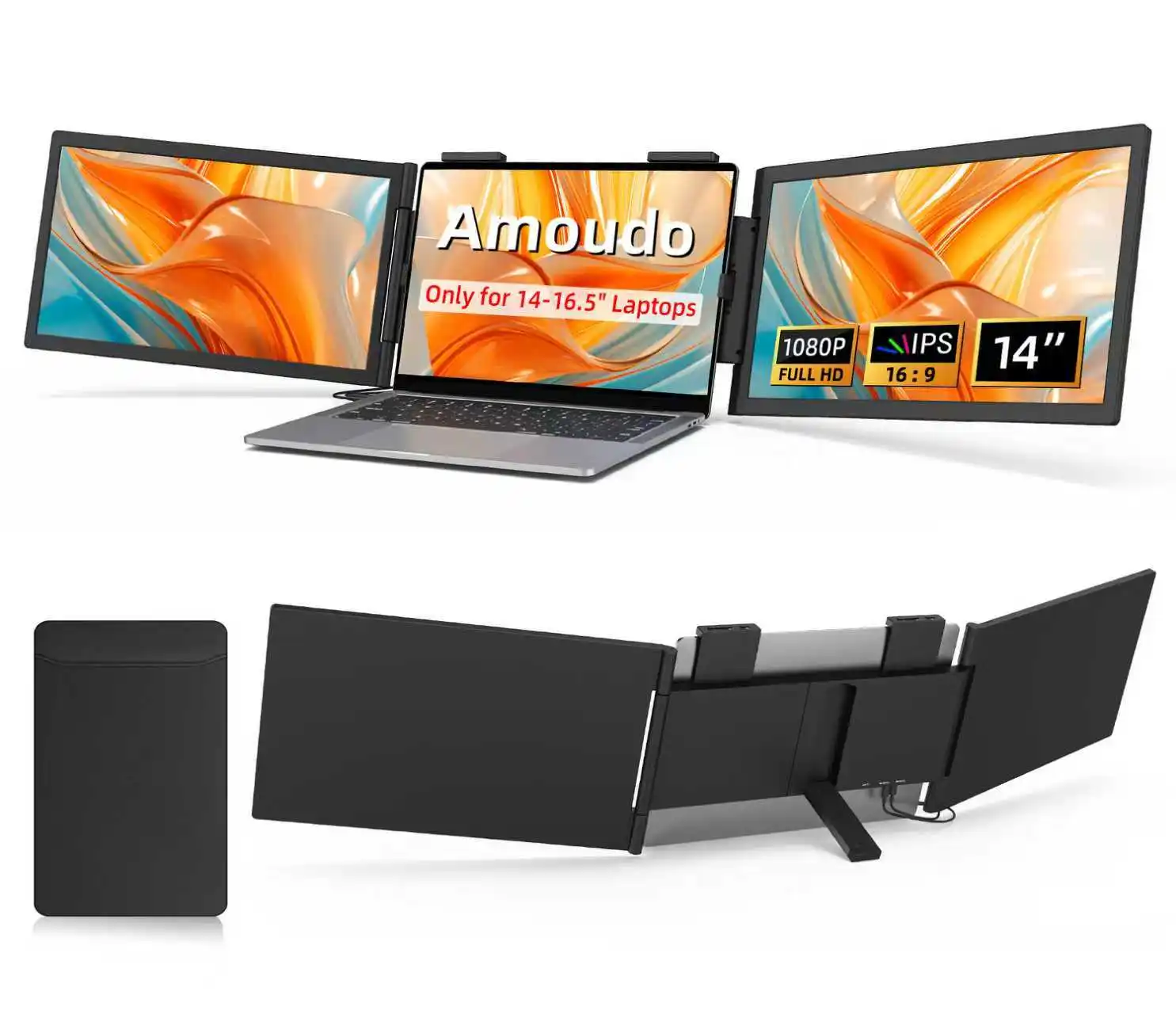 Amoudo14 Zoll Dual tragbarer Monitor 1920*1080P IPS Tragbarer Dreifachmonitor mit USB-C-Anschluss für 14-16,5-Zoll-Laptops Windows/Mac Xbox Image