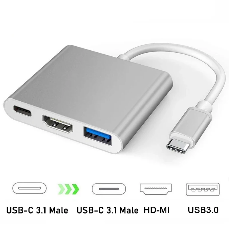 Cavo adattatore 3 in 1 da tipo C a HDTV + USB + USB-C Adattatore per docking station USB-C 4K compatibile da USB C a HDMI per computer portatile