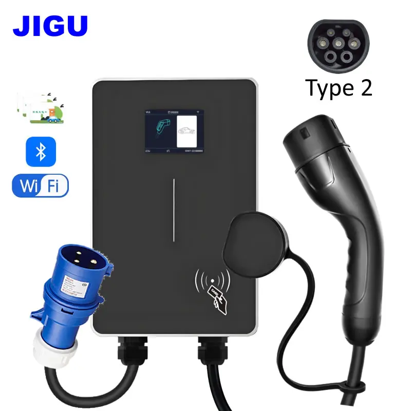 JIGU Elektrofahrzeug-Auto-Ladestation, 1-phasig, 230 V, 32 A, 7 kW, Typ 2, Wallbox, 3-phasig, 380 V, 11 kW, 22 kW, EV-Ladegerät mit CEE-Stecker Image