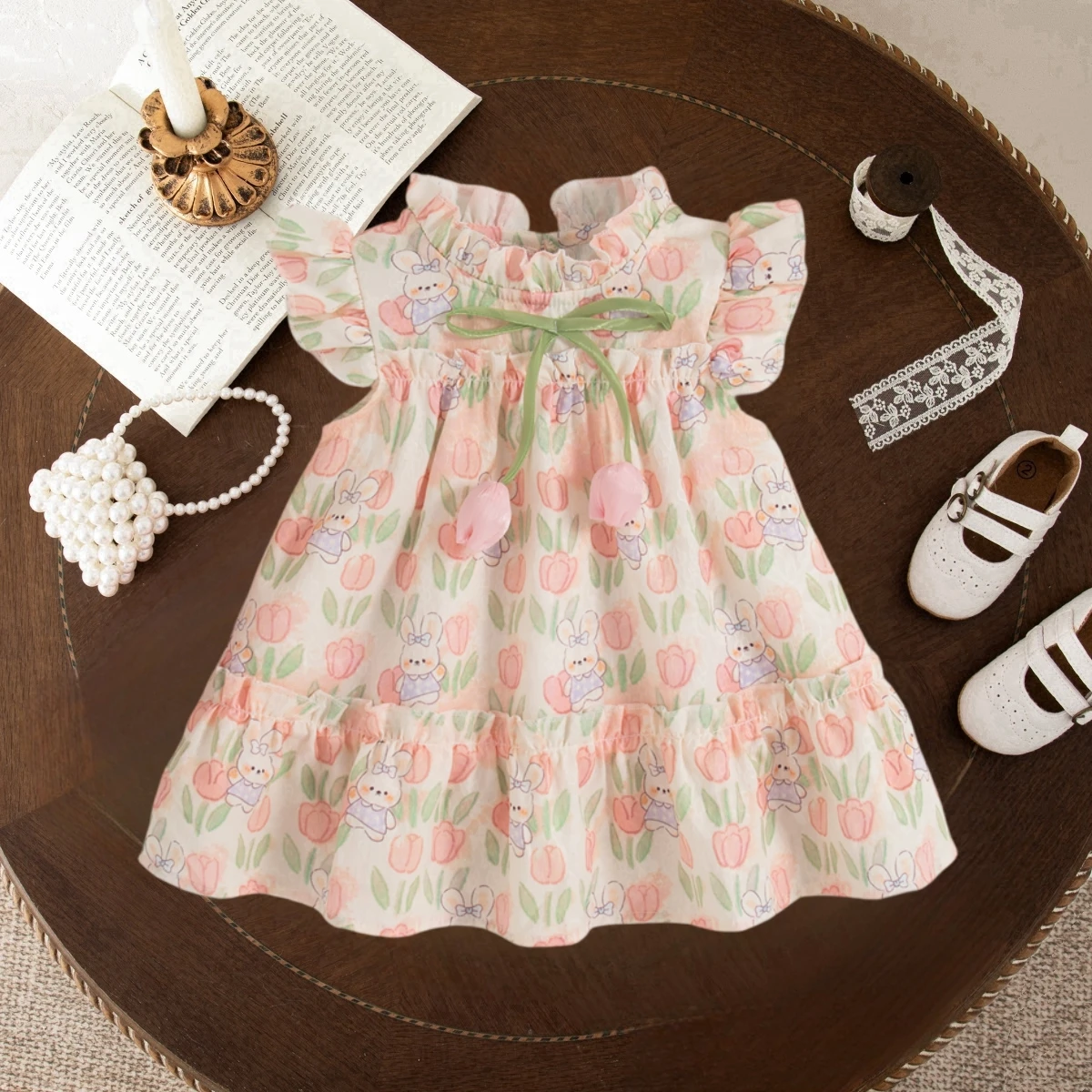 Sommer Baumwolle Kleinkind Kleid Floral Kaninchen Gedruckt Prinzessin Kleid Tulpe Schleife Kleid für Baby Mädchen Image
