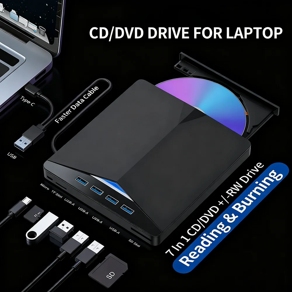 Ultraschlankes 7-in-1-USB 3.0-externes CD-DVD-RW-Laufwerk, tragbarer Brenner, Schreibgerät für Laptop, kompatibel mit Desktop Windows 7/8/10 Image