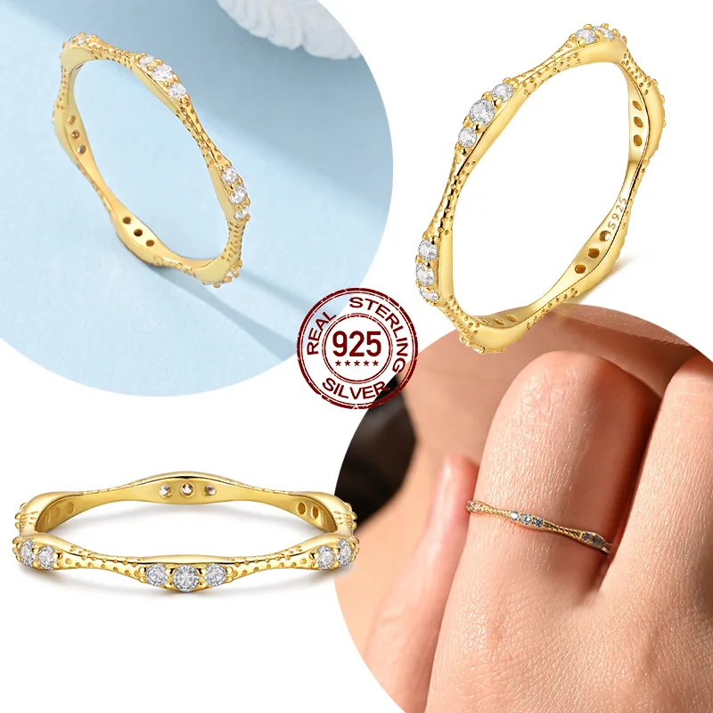 Original Echt 925 Sterling Silber Gold Einfache Ring Größe 6-9 Zirkon Ring Für Frauen Hochzeit Schmuck Geschenk Image