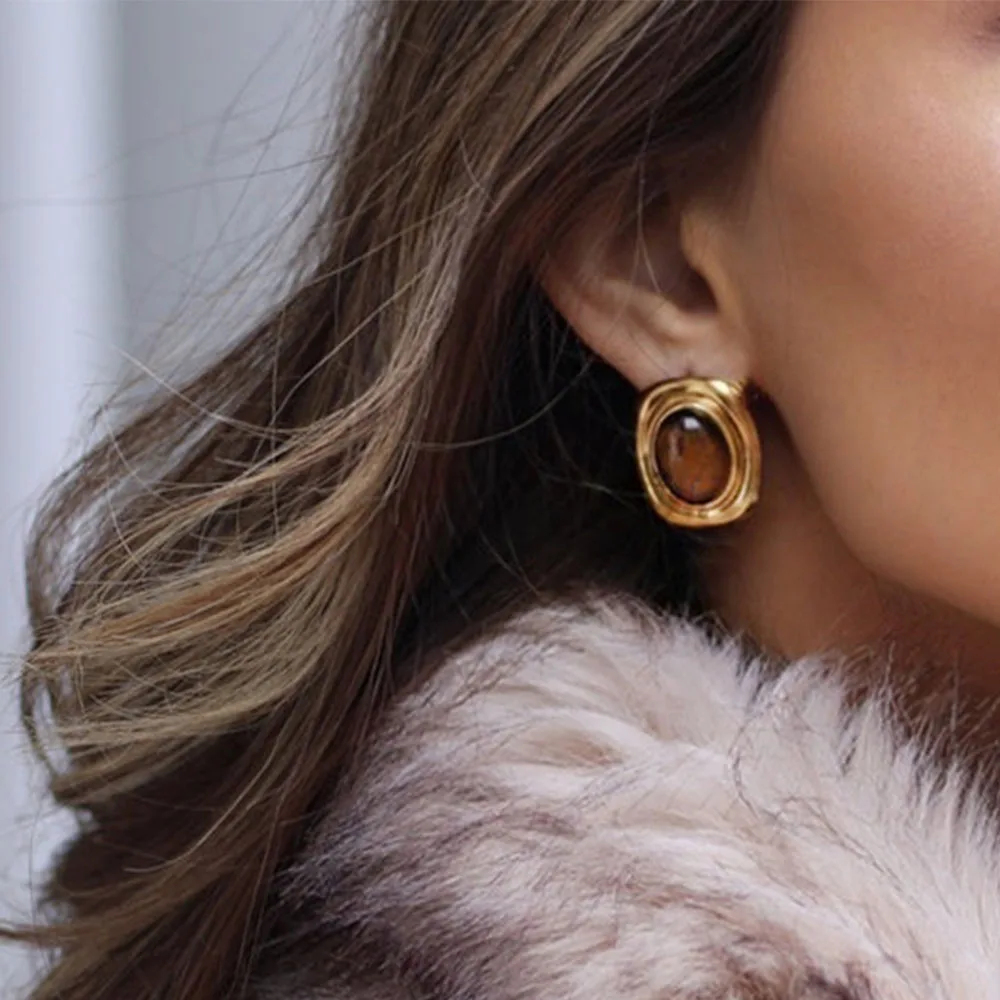 YHTOT Vintage 18 Karat vergoldet, große Ohrstecker, Bernstein, Stein, Tigerauge, Ohrringe, Damen-Accessoires, Geschenk für Sie