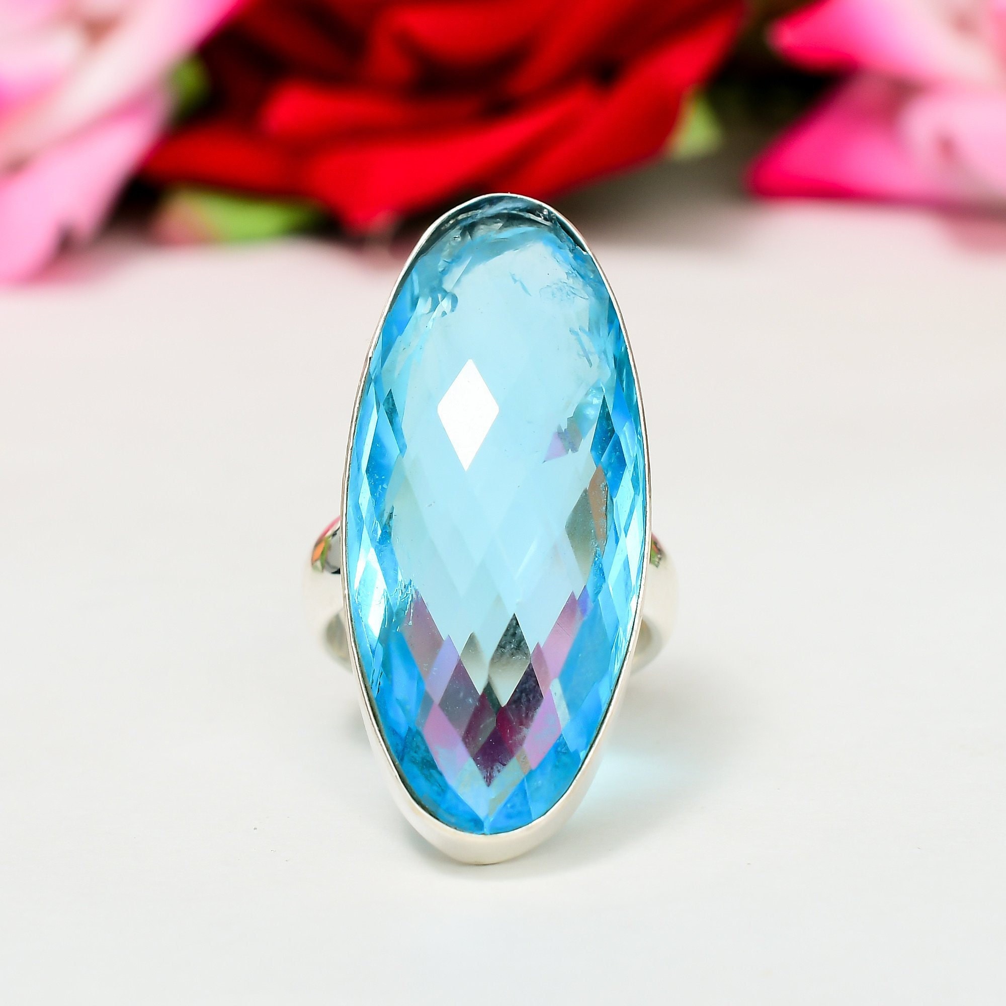 Anello in argento con pietra preziosa topazio blu, anello in argento sterling 925, anello fatto a mano, anello con topazio blu, anello da donna per am