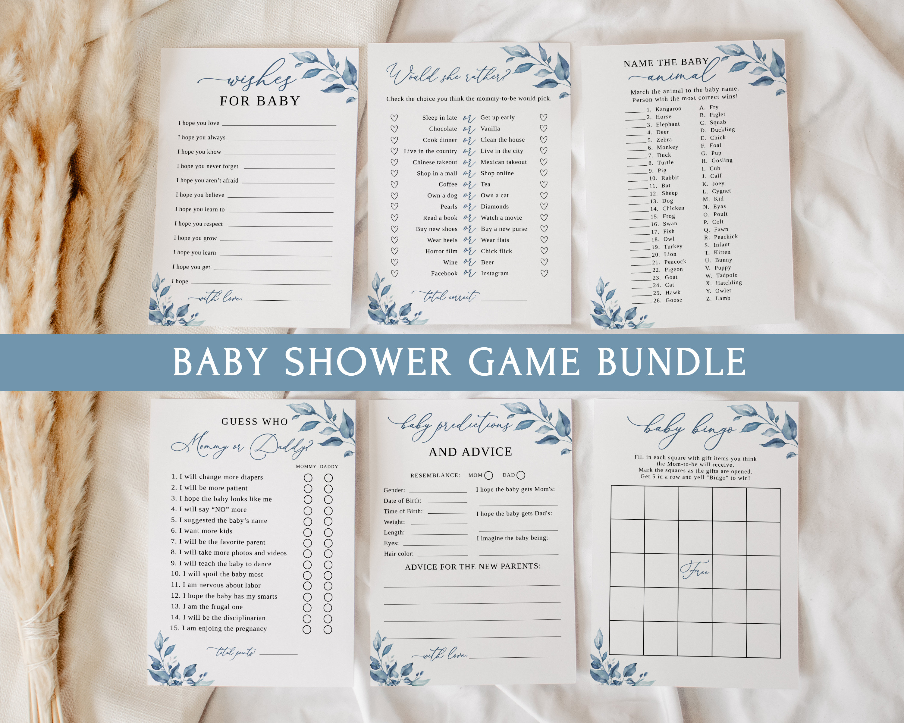 Pacchetto di giochi per baby shower Dusty Blue, 16 giochi e carte per baby shower, pacchetto di giochi per baby shower, pacchetto di giochi modificabi