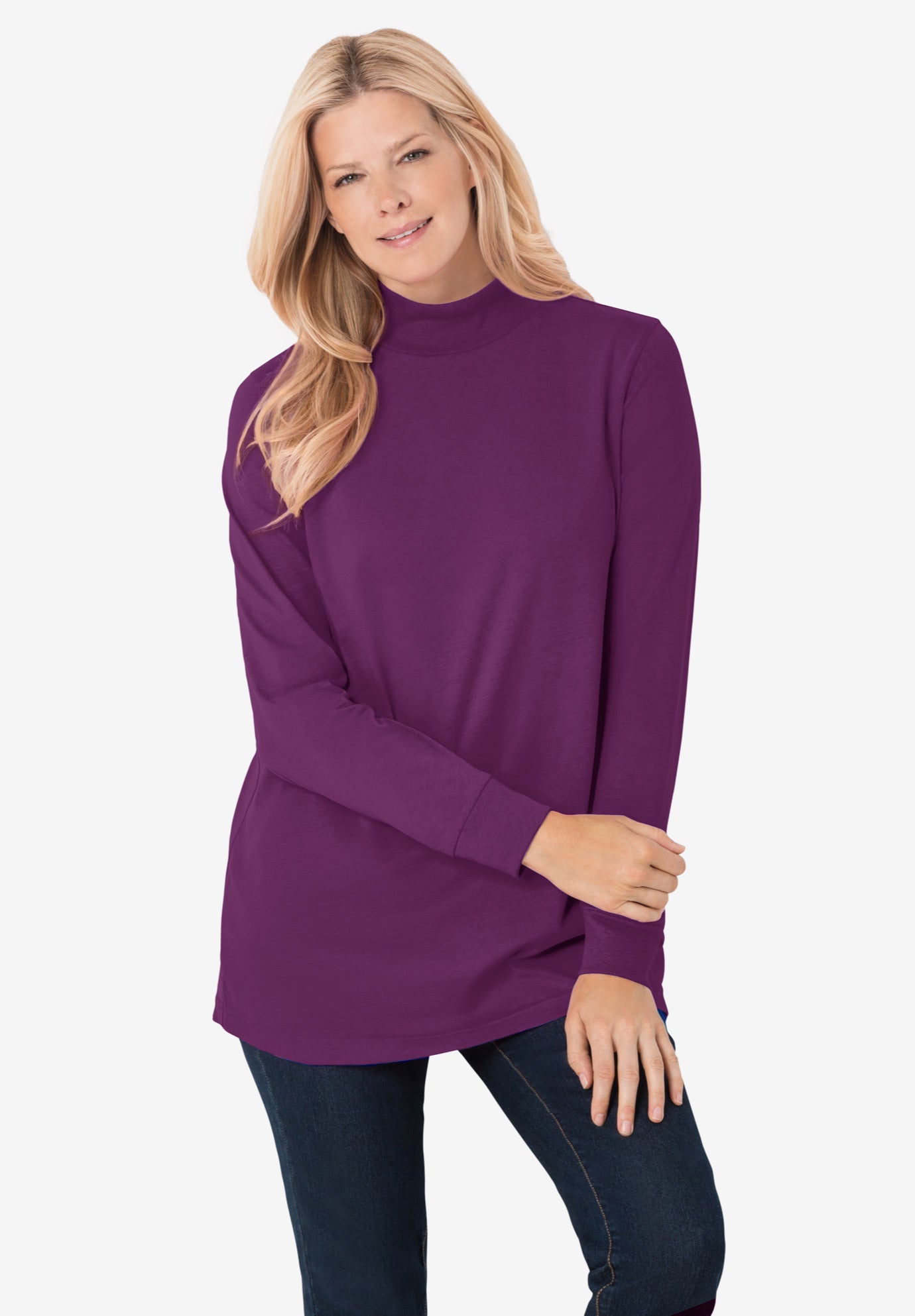 Plus Size Women's Perfect Long-Sleeve Mockneck Tee by Woman Within in Plum Purple (Size 3X) Shirt
