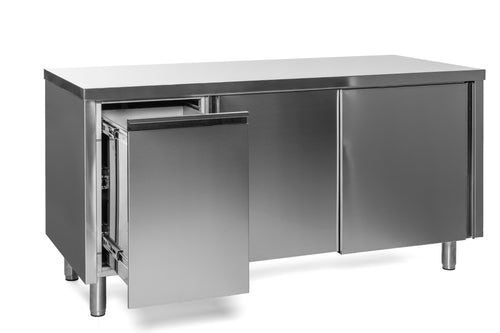 VM Europa Edelstahl Arbeitsschrank mit Abfallbehälter links, mit Zwischenboden - alle Größen montiert: 100 x 60 cm / ohne Aufkantung / fertig montiert Image