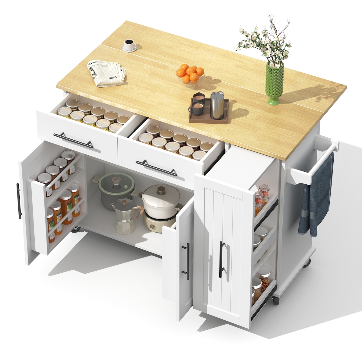 OKWISH Weiß & Natur Kücheninsel 120x65x90 cm mit Drop Leaf, 3-Tier Pull-Out Organizer, 2 Schubladen, Handtuchhalter & Rollen Image