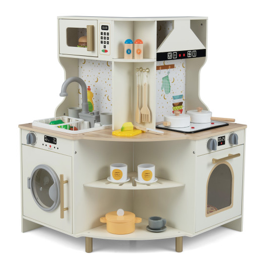 Costway Kids Play Kitchen Wooden Corner Kitchen Playset with Working Faucet and Sink-Beige