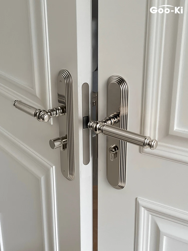 Goo-Ki Europäisches Türschloss-Set aus hellem silbernem Messing mit Panel-Innenraum, Schlafzimmer, Diebstahlschutz, Dummy-Türgriff, Raumsicherheits-Türschloss Image