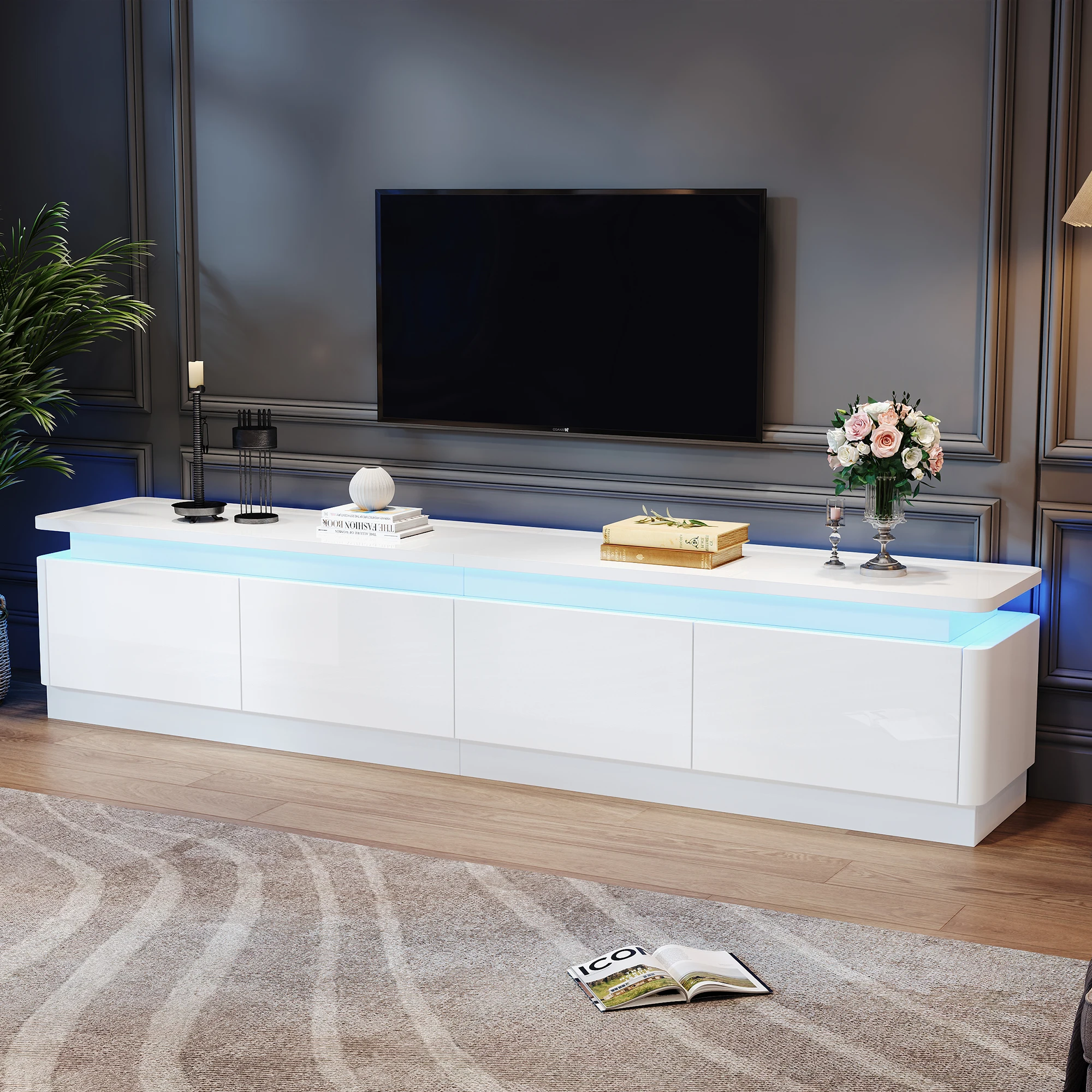 180 x 34 x 40 cm TV-Schrank mit 4 Schubladen, TV-Ständer und TV-Schrank mit LED, Hochglanz-Lowboard und TV-Tisch, TV-Tisch und TV-Truhe