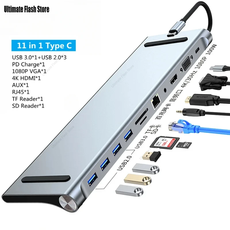 11/12-in-1 Typ C Dock USB C Hub 3,0 Splitter Multiport Adapter 4K RJ45 SD/TF VGA HDMI-kompatibel Laptop MacBook iPad xiaomi Image