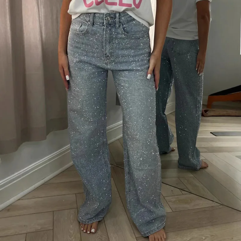 Jeans für Damen, gerade Diamanten, Stretch, hohe Taille, gewaschene Mom-Jeans, Vintage-Denims, Streetwear, Y2k-Streetwear-Hose Image