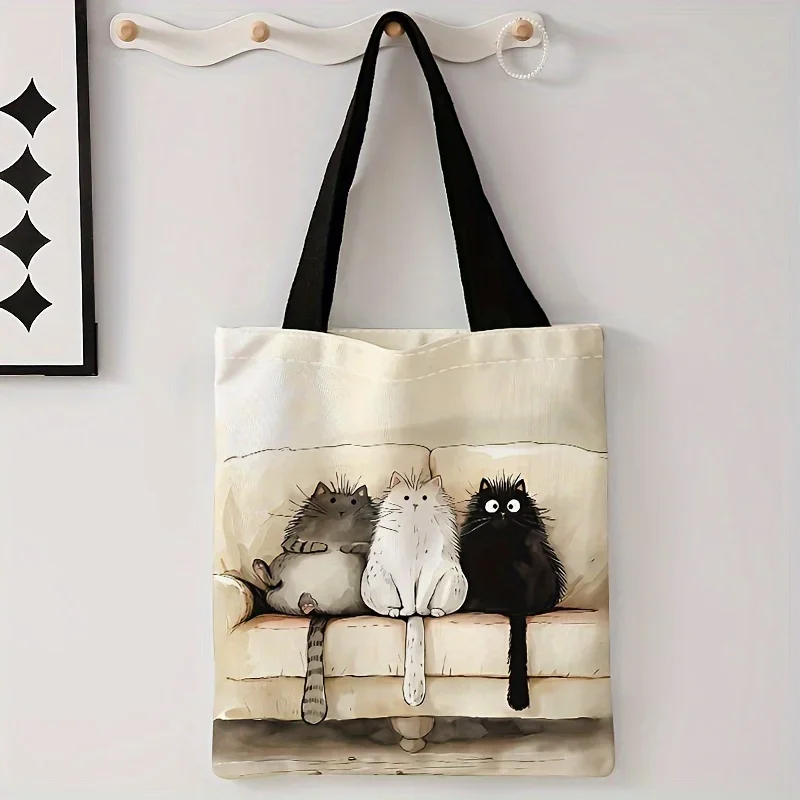 Borsa tote casual con stampa fantasia a tre gattini in peluche, borsa a tracolla singola, borsa per la spesa riutilizzabile, zaino alla moda, borsa a mano
