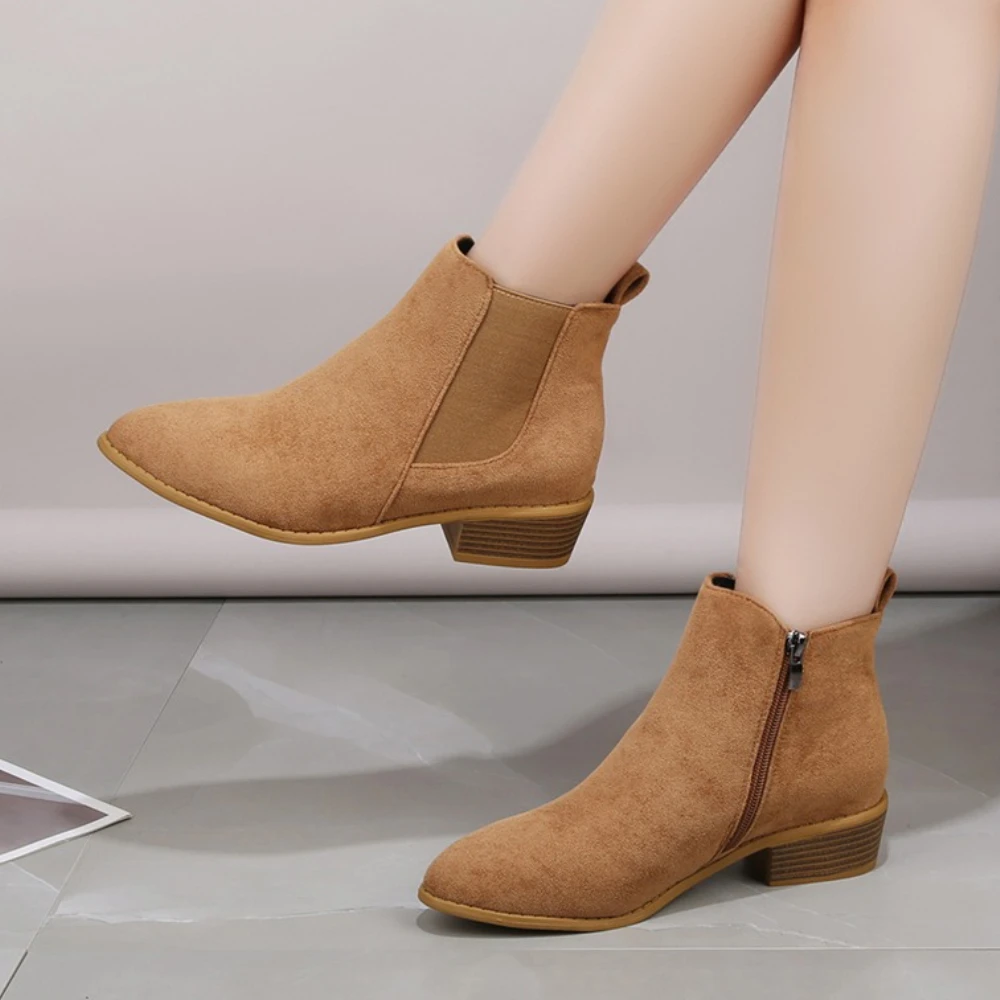 Damen-Schuhe aus natürlichem Wildleder mit elastischem Patch und niedrigem Absatz, Herbst- und Winter-Stiefeletten, quadratische Zehen, lässige kurze Stiefel, Größe 36–43