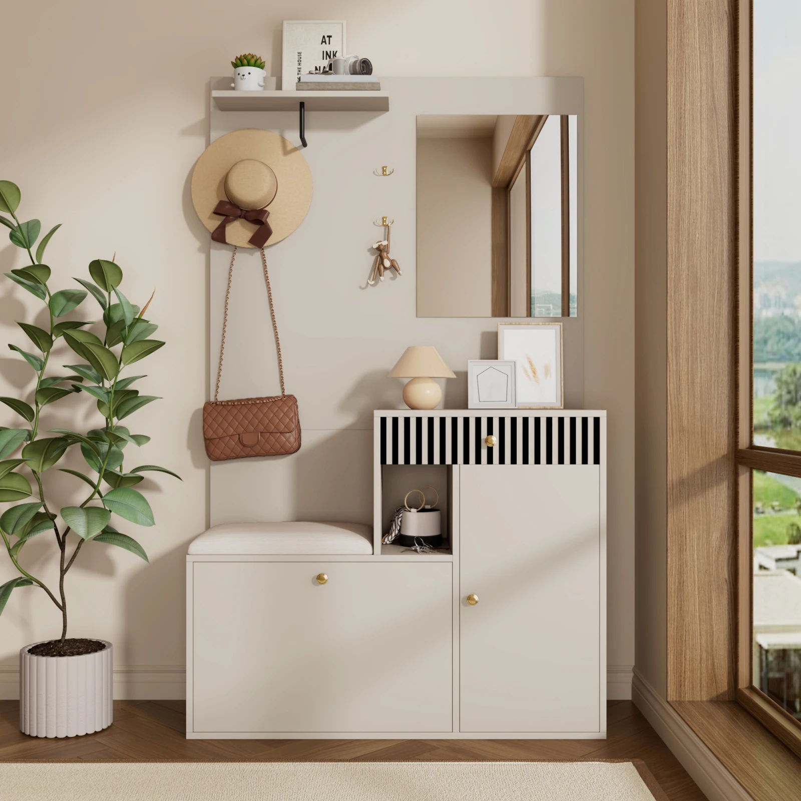 Garderobenset, Kompaktgarderobe, Flurgarderobe mit Spiegel und Polsterkissen, Flurschrank, Schuhschrank, 110x185.5x37cm