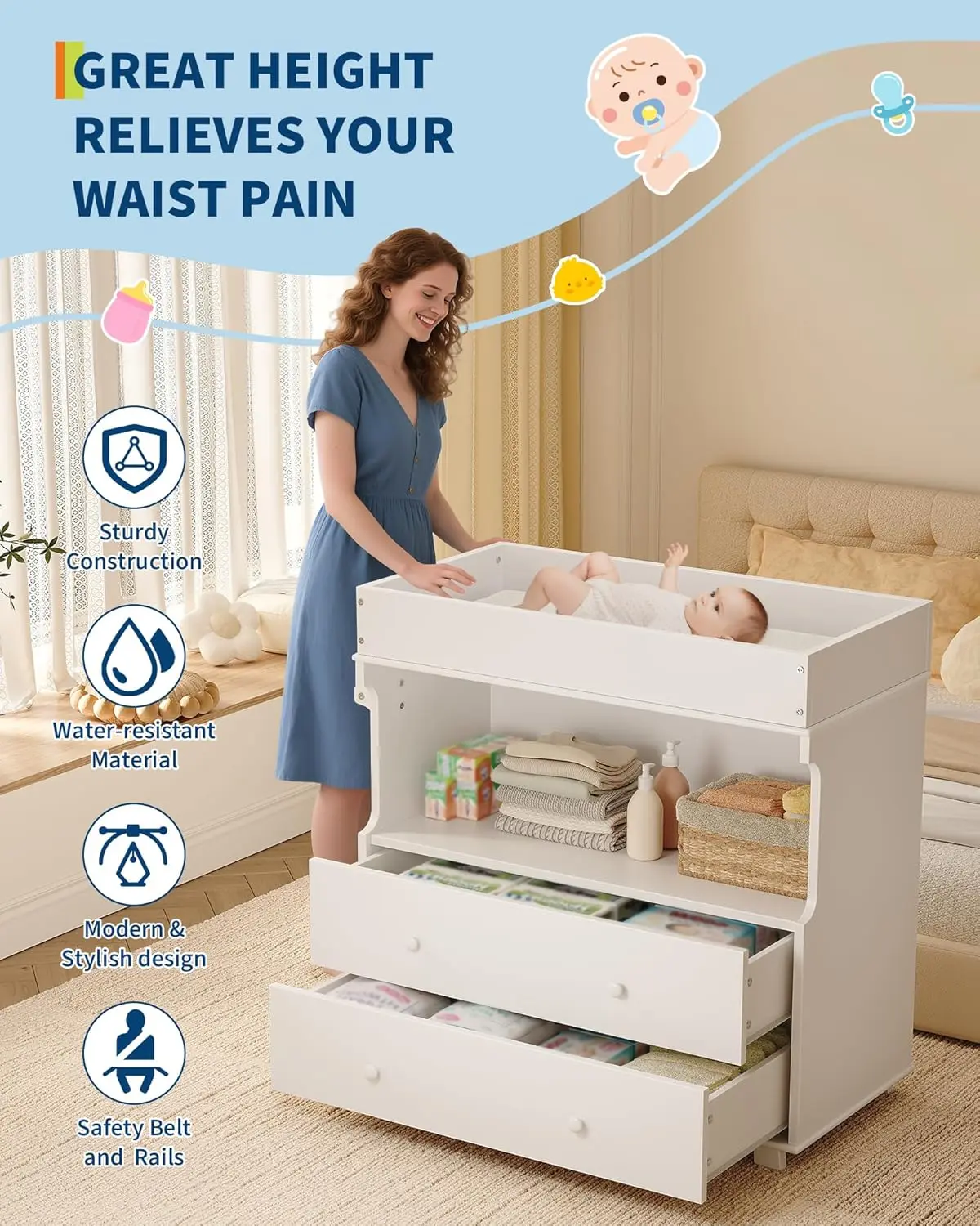 Baby Changing Table Dresser Modern Wooden Diaper Changing Station With Drawers & Shelves Multi-Functional Infant Diaper Station