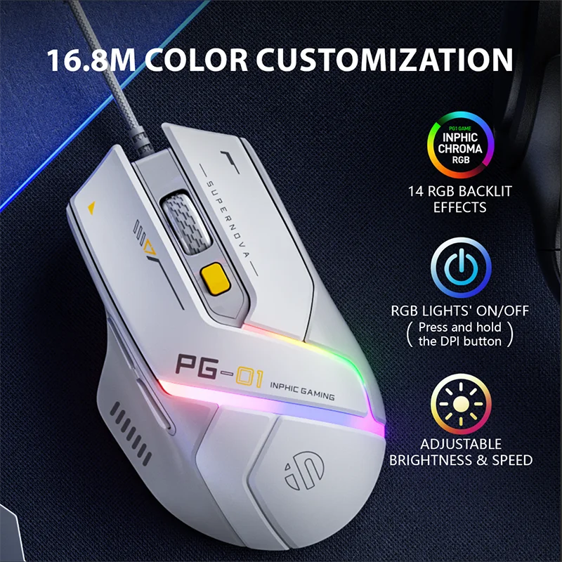 INPHIC PG1 Kabelgebundene Gaming-Maus, ergonomische E-Sport-Makroprogrammierung, RGB, wettbewerbsfähiges Peripheriegerät [Hardware-Makro + 1000 Rückholfrequenz] Image