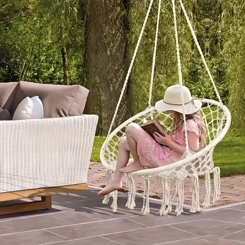 Gewebter Hängesessel mit Rückenlehne für drinnen und draußen | Schaukelstuhl für Garten, Terrasse, Balkon | Tragbarer Nestkorb