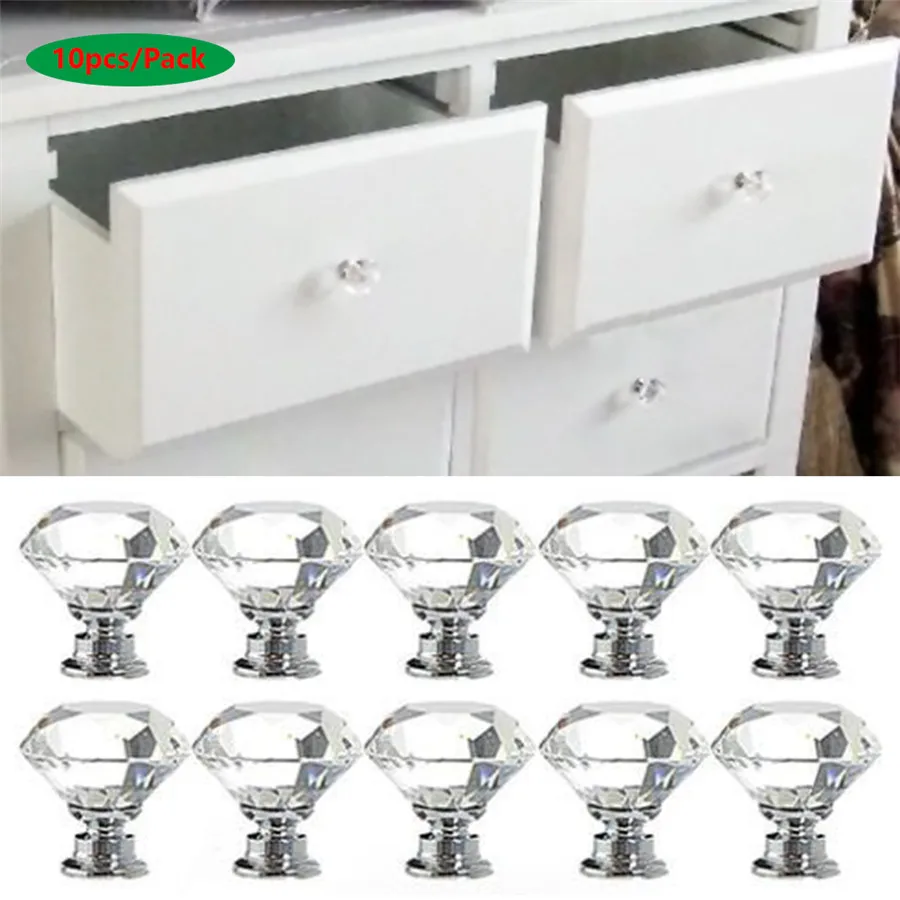 10 teile/paket 40mm Kristall Glas Knöpfe Schrank Schublade Ziehen Diamant Form Küche Schrank Tür Schrank Griffe Image