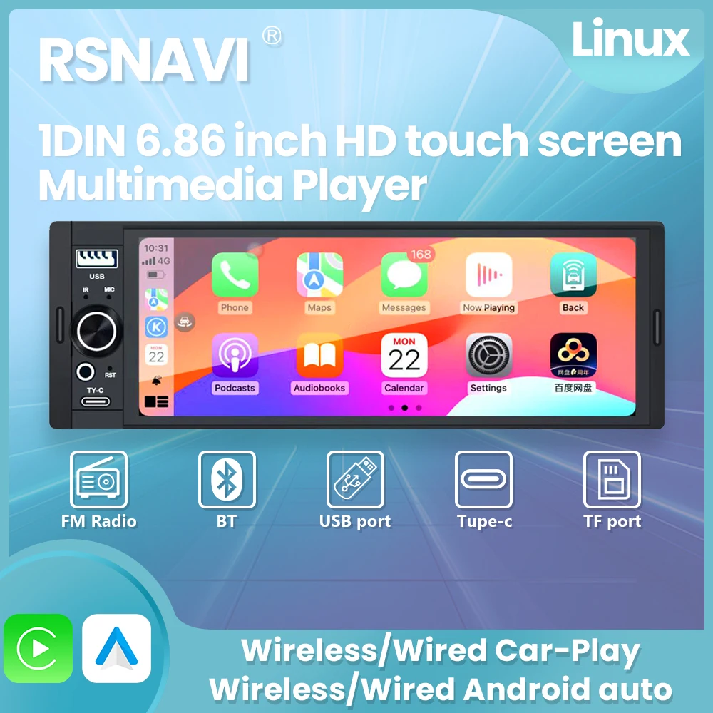 RSNAVI 6,86 Zoll Universal 1 Din Autoradio Radio MP5-Player Drahtloses Carplay Android Auto BT SWC FM USB Typ-C-Stecker Autoradio Image