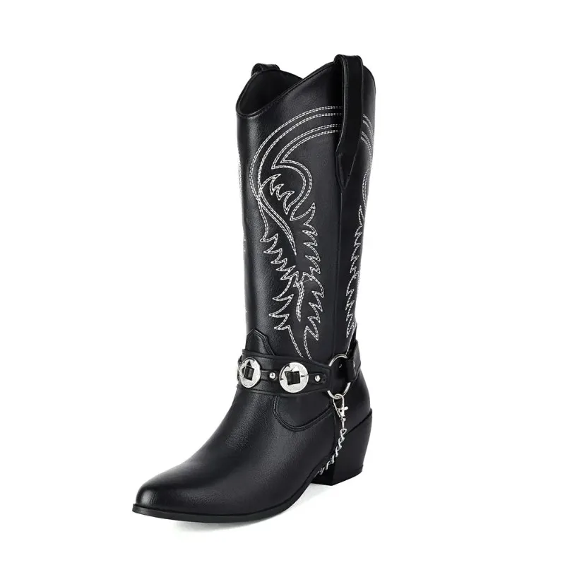 Plus Größe 48, Western-Cowboystiefel für Damen, High Heels, Retro-Westernstiefel, Stickerei-Schuhe