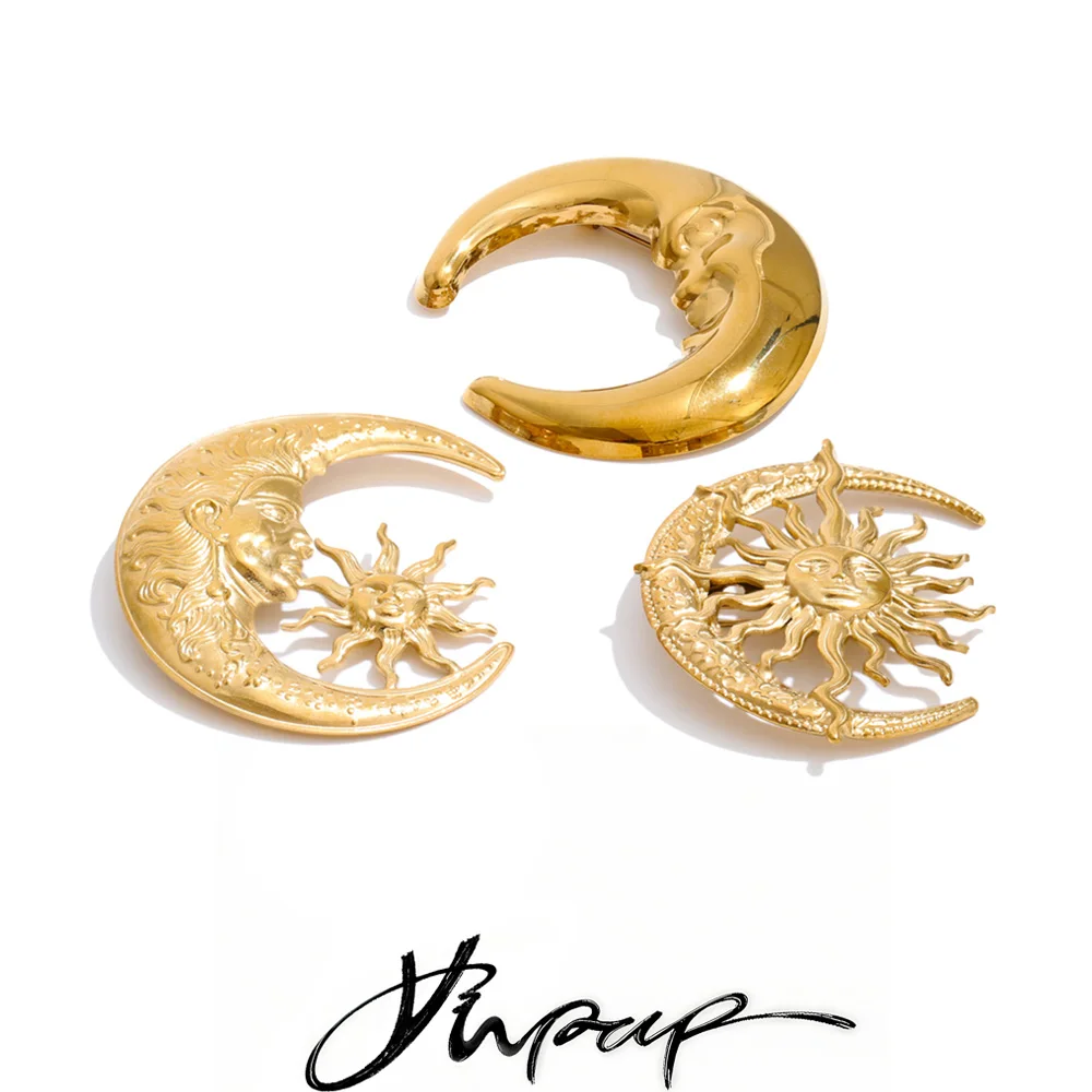 Yhpup Brosche aus wasserdichtem Edelstahl, Metall, Sonne, Mond, rostfrei, modischer Charme, trendiger Schmuck, Großhandel 2025, Image