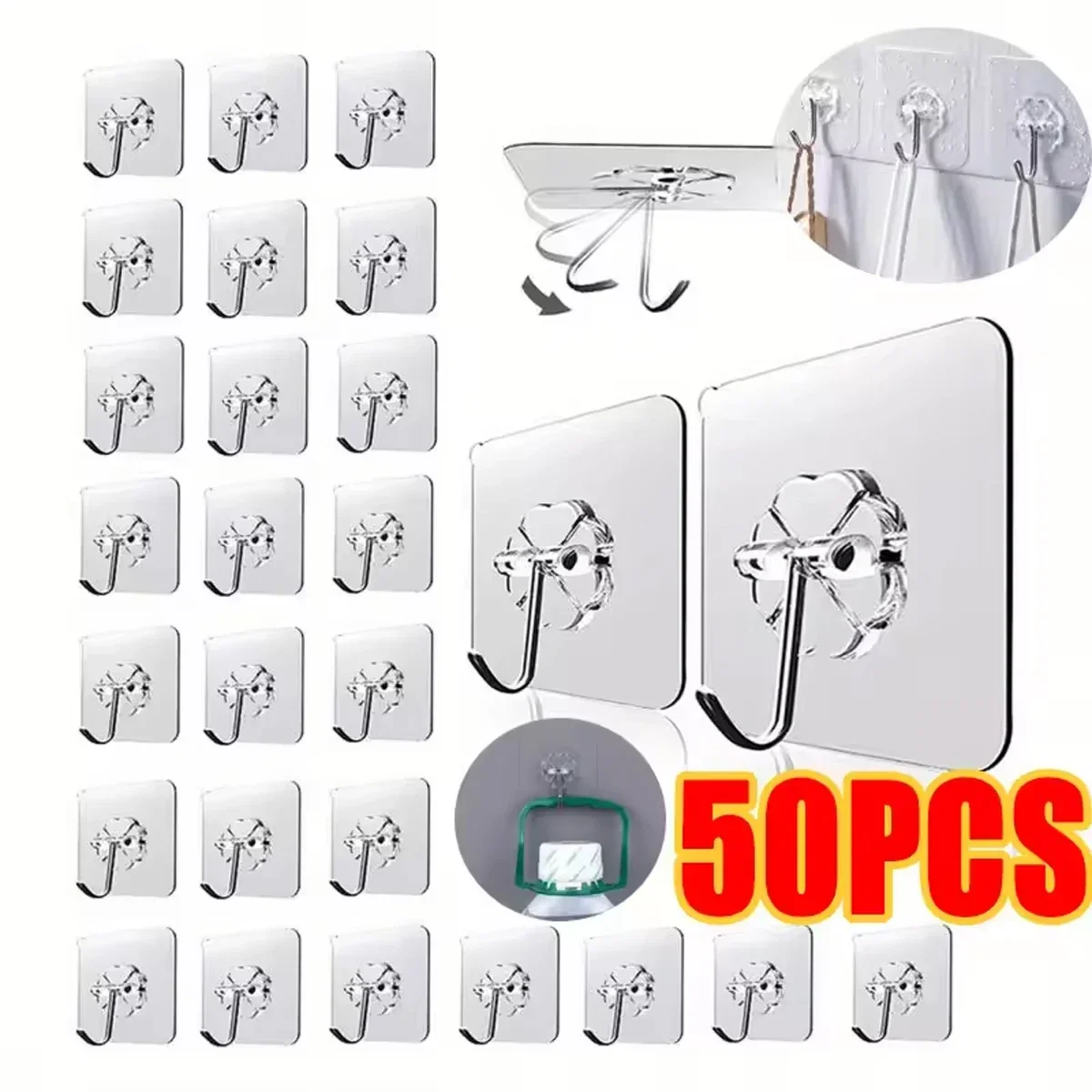 50/100 Stück Türhaken, selbstklebende Wandhaken, transparent, rutschfest, spurlos, robust, zum Aufkleben auf Haken, für Badezimmer, Küche, Wandaufkleber