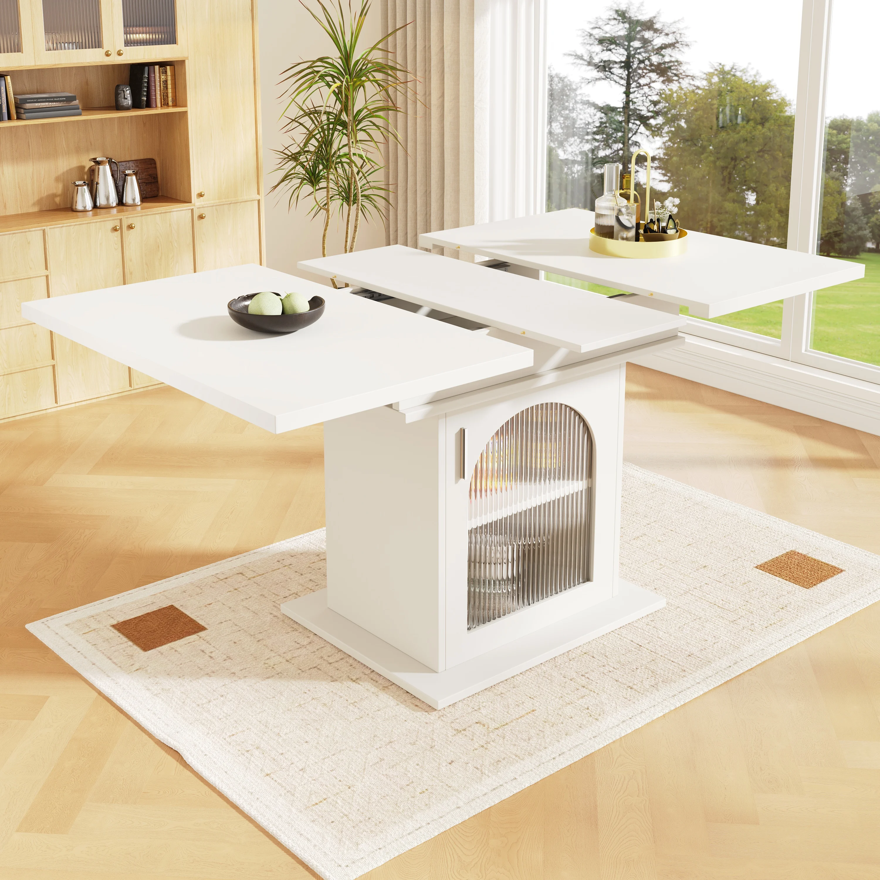 Table à manger extensible (140×80cm), table à manger avec pieds, table de cuisine peu encombrante, table à manger à trois étagères, table à manger extensible pour la cuisine et le salon, blanc