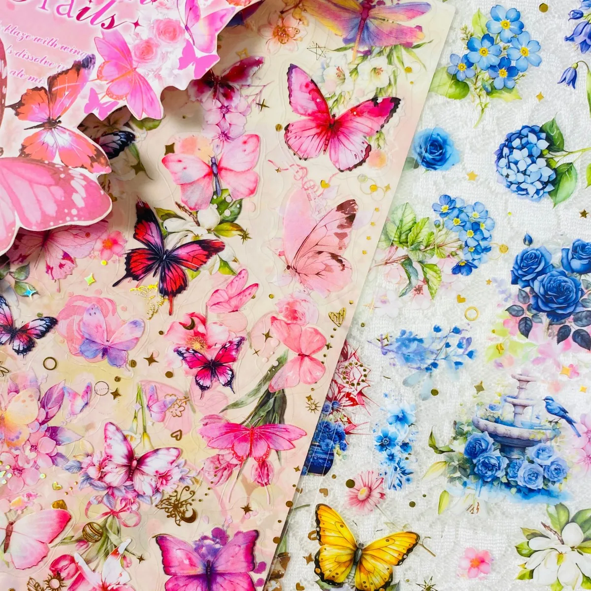 2 Blatt PET-Schmetterlingsblumen-Dekorationsaufkleber, Junk-Journal-Set, Kunst, Collage, Album, Kartenherstellung, Scrapbook-Papier, Bastelaufkleber Image