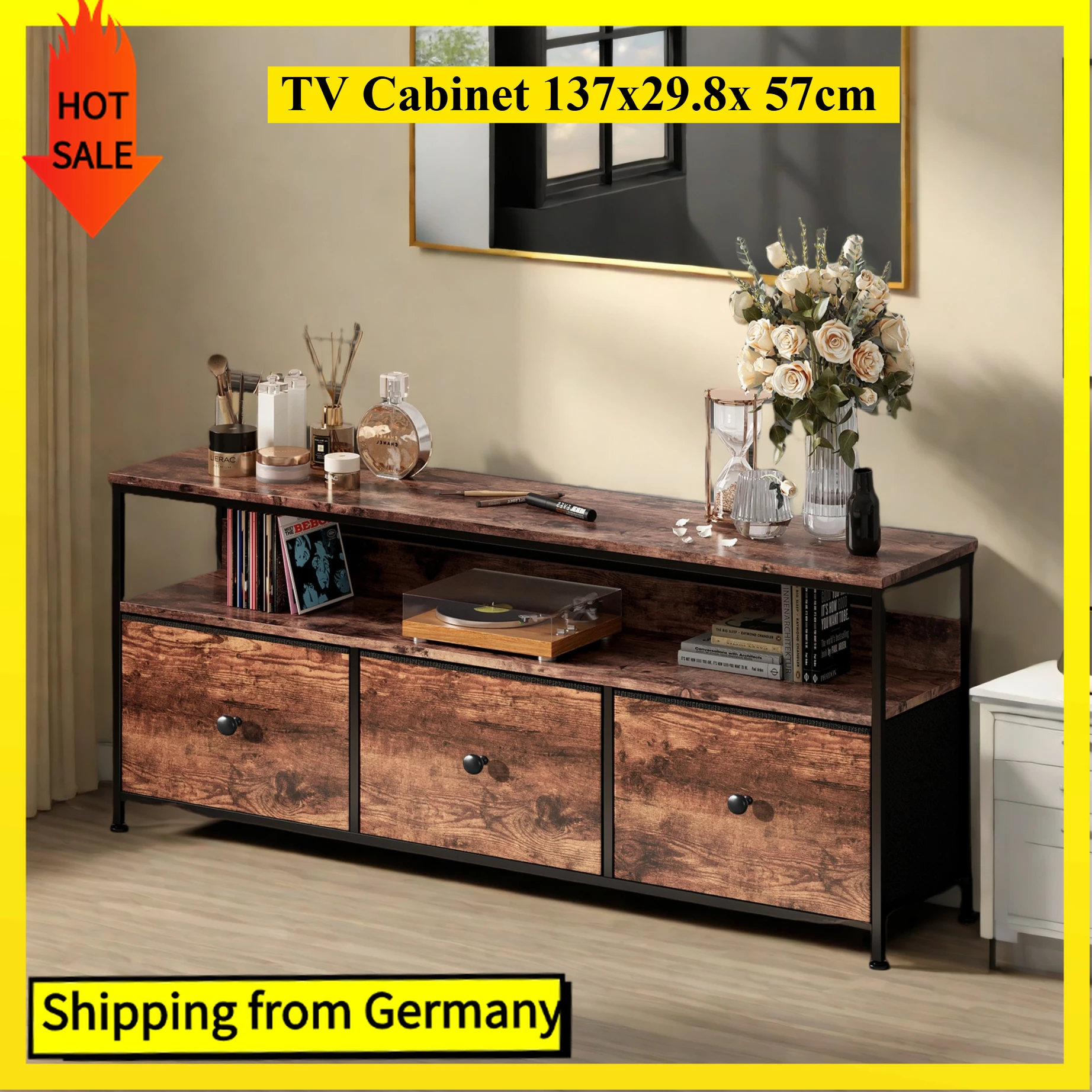 Comanlai 137 cm TV-Schrank mit LED und 3 Stoffschubladen, Vintage-TV-Ständer aus Holz mit offenen Fächern, Sideboard für Wohnzimmer