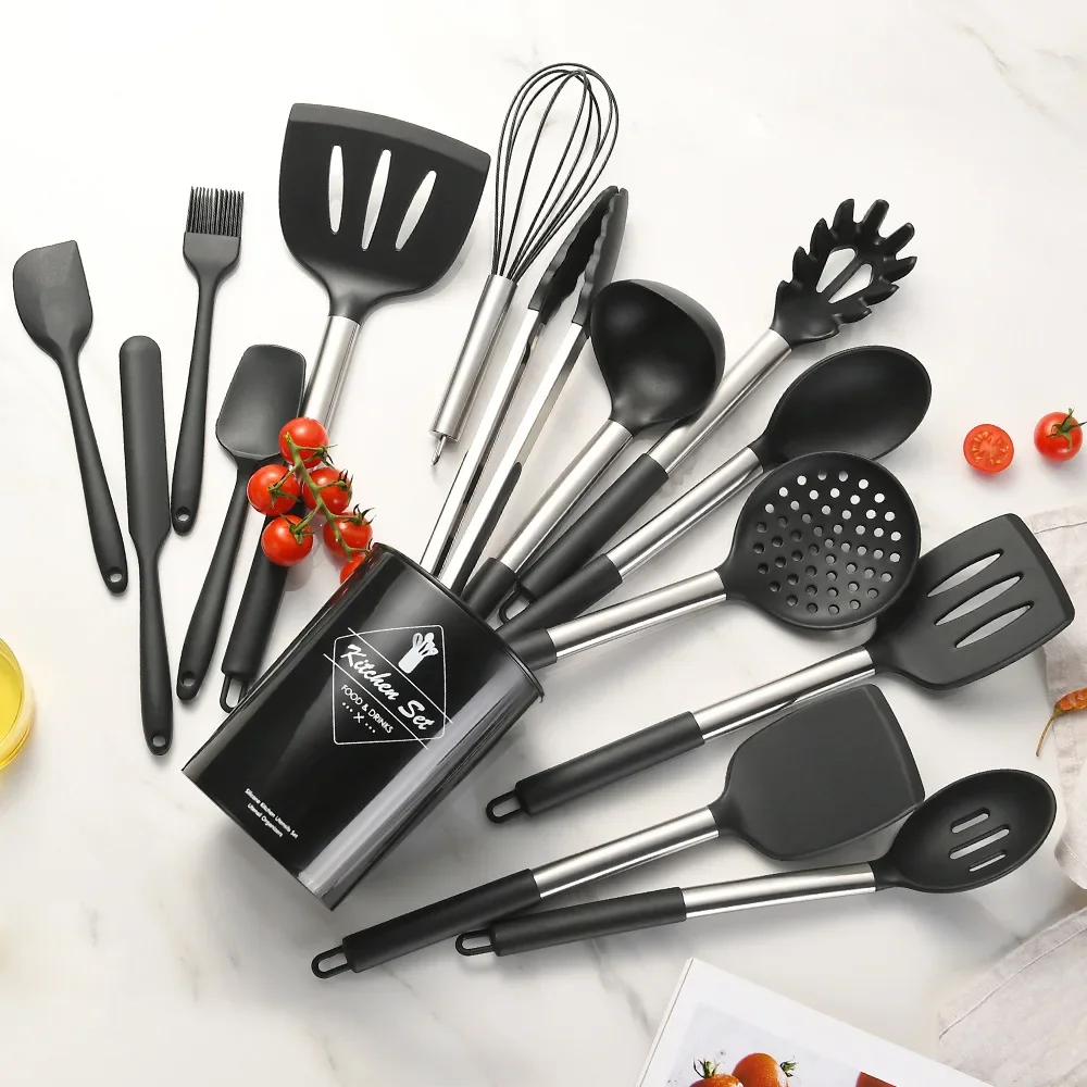 Ustensiles de cuisine en Silicone de qualité alimentaire, ustensiles de cuisine, spatule tournante, cuillères à mesurer, outil de cuisine pratique, ensemble d'ustensiles de cuisine 12 pièces