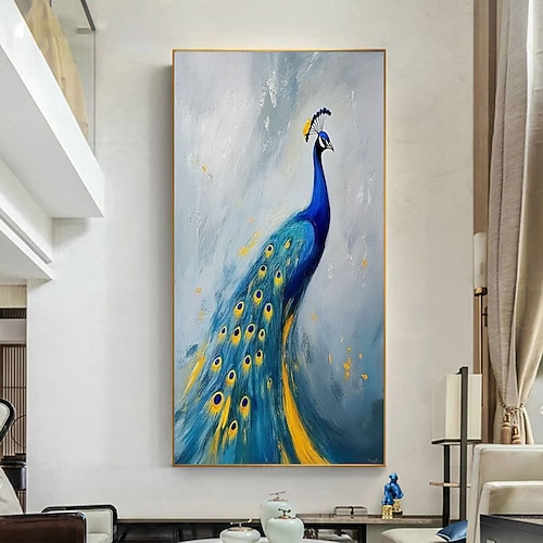dipinto a olio fatto a mano con spatola, dipinto a olio di pavone blu, arte murale fatta a mano, dipinto originale di uccelli su tela, impressionismo, decorazione murale, dipinto moderno astratto,