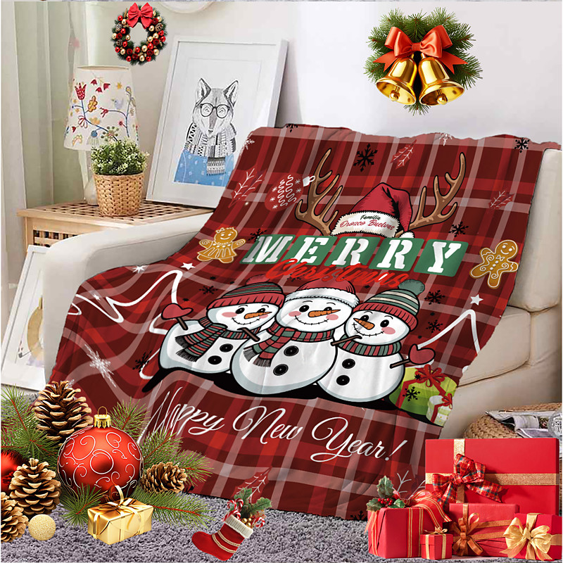 Christmas Red Checkered Snowman Flannel Blanket – Sofa Cover Blanket, Office Nap Blanket, Air Conditioning Blanket, Skin-Friendly Bedroom Blanket for Children Adults