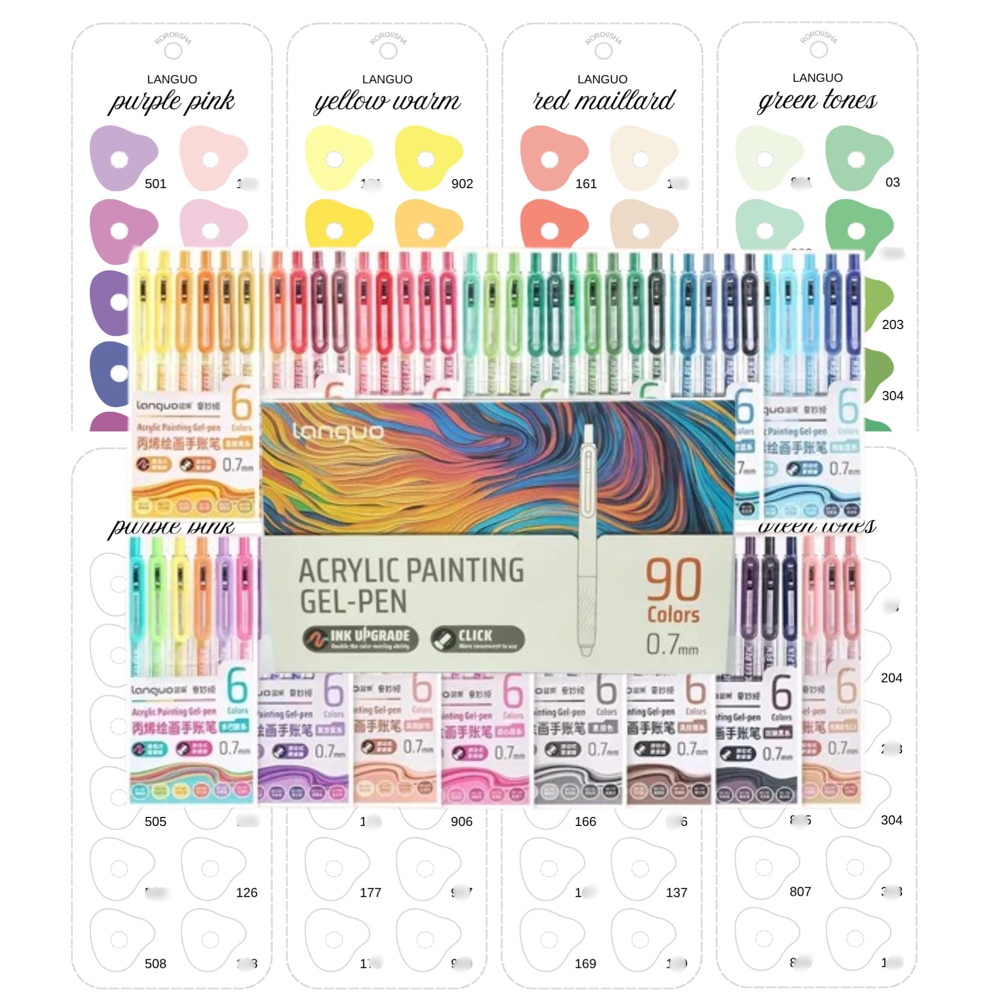 Languo 90 campioni di colori di penne gel acriliche, modello stampabile, foglio da colorare con penna gel per pittura, tabella dei colori, PDF digital