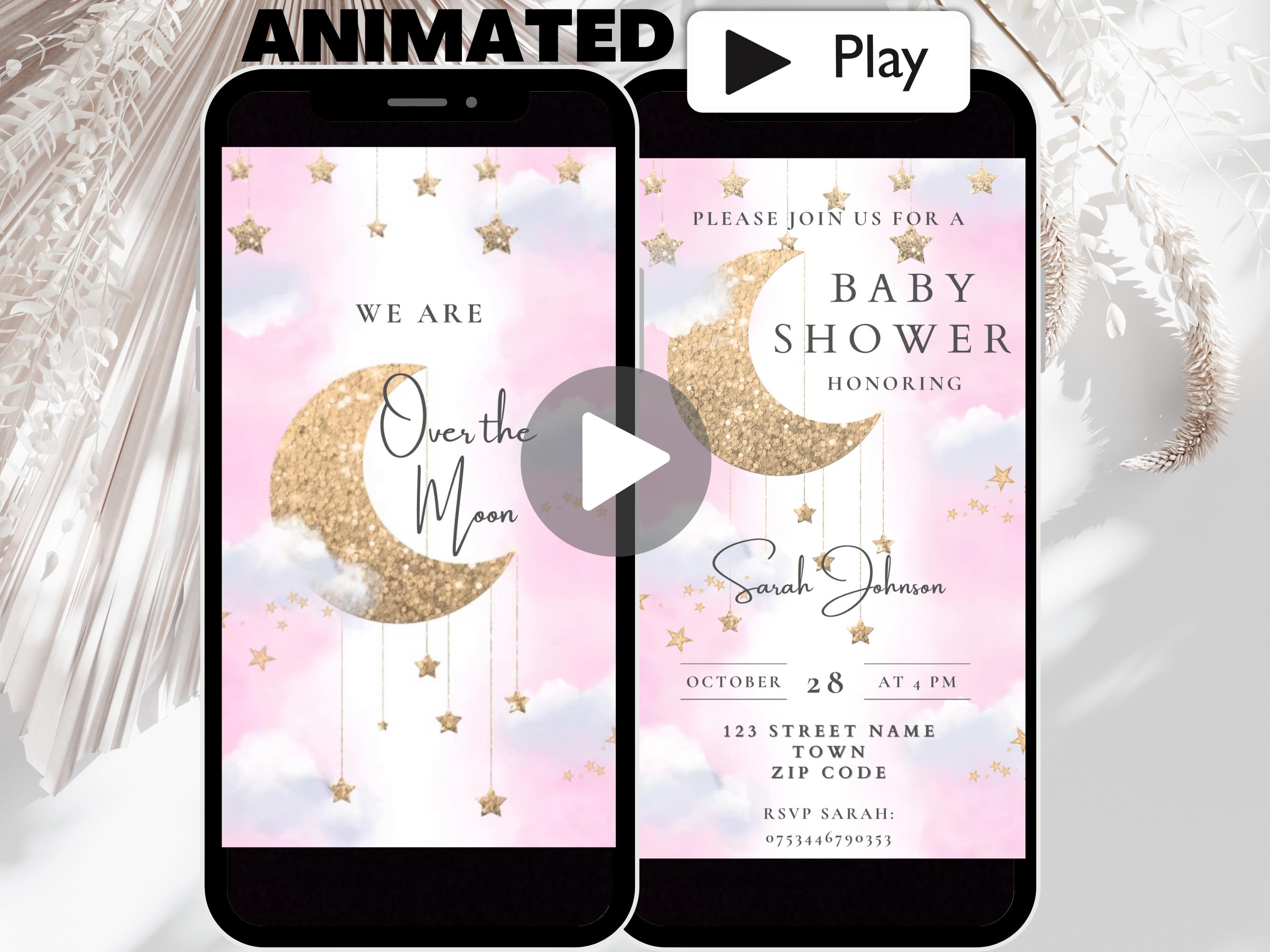 "Modello di invito per baby shower animato \"Over The Moon\", video di invito per baby shower rosa \"Twinkle Twinkle Little Star\", invito \"On Cloud Nine\""