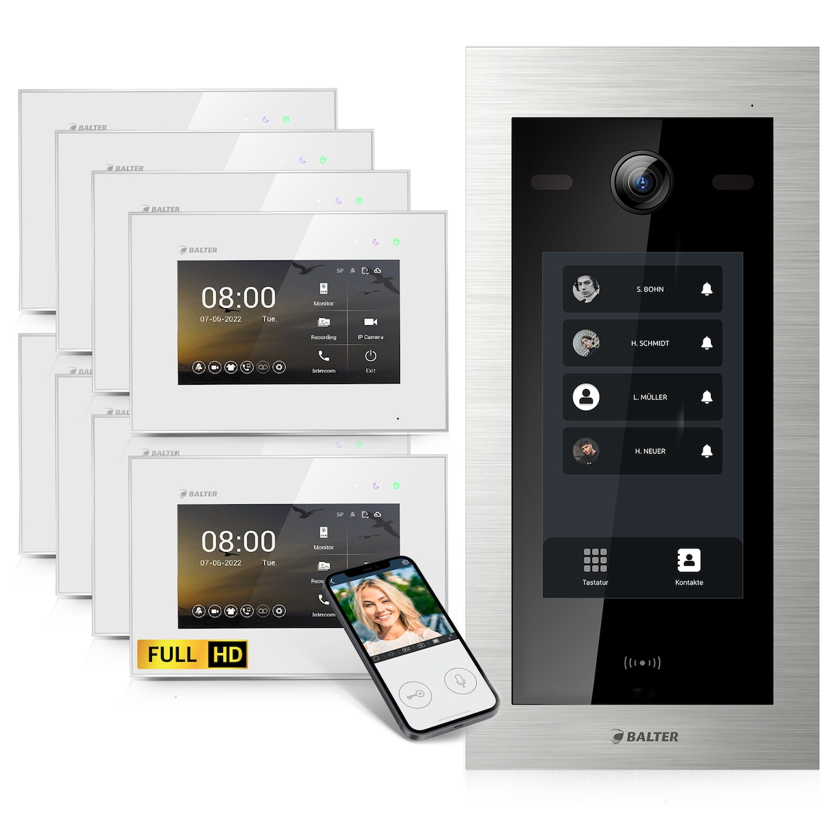 HD Video Türsprechanlage mit Touchscreen und RFID für 8 Familienhaus, 8x Monitore, Balter EVO HD Touch Image