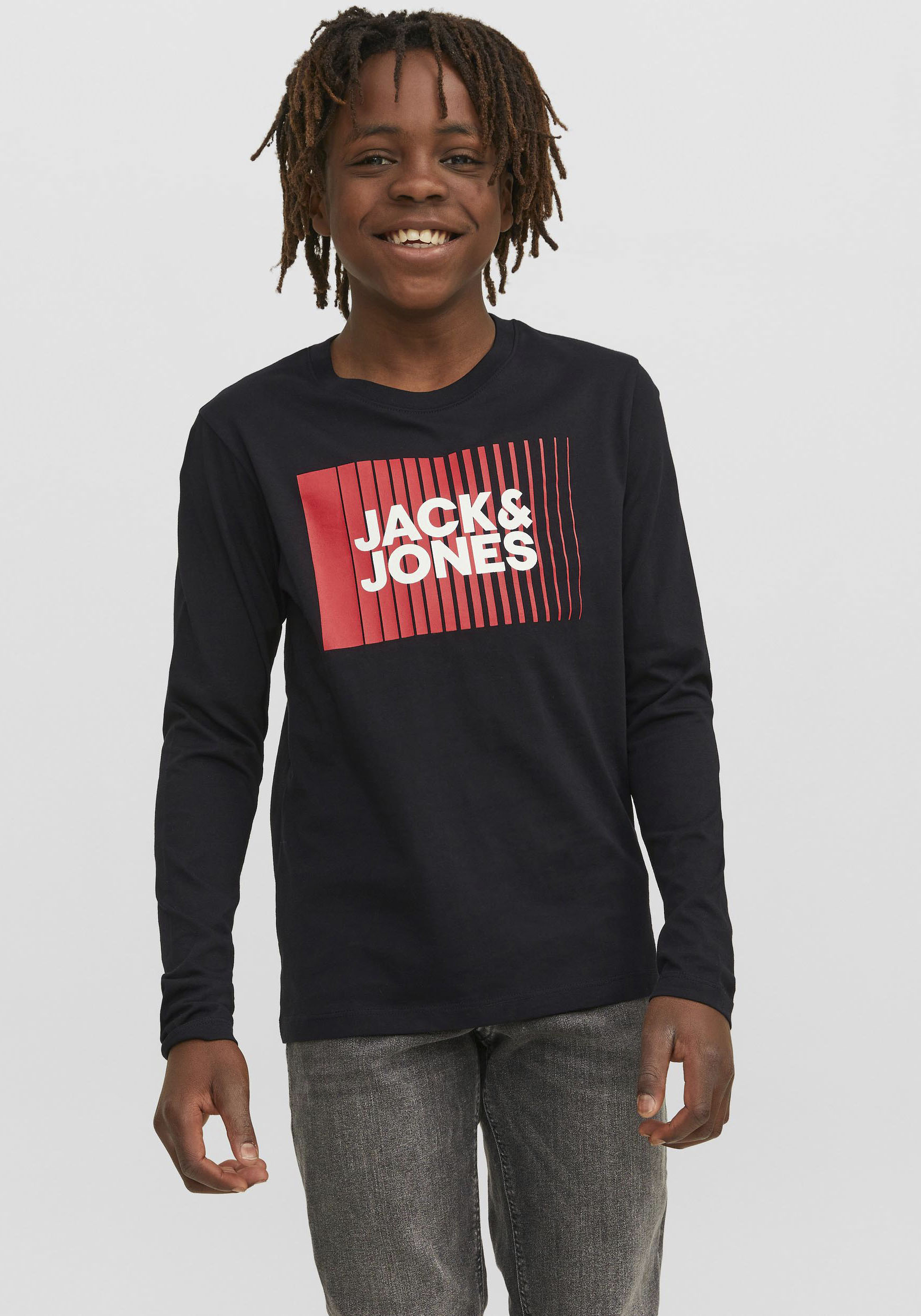Langarmshirt JACK & JONES JUNIOR "JJECORP stylisch, bequem, atmungsaktiv, pflegeleicht", Jungen, Gr. 152, schwarz, Jersey, Obermaterial: 100% Baumwolle, bedruckt, regular fit normal, Rundhals, Shirts Langarmshirt, bedruckt, casual, regular fit,...