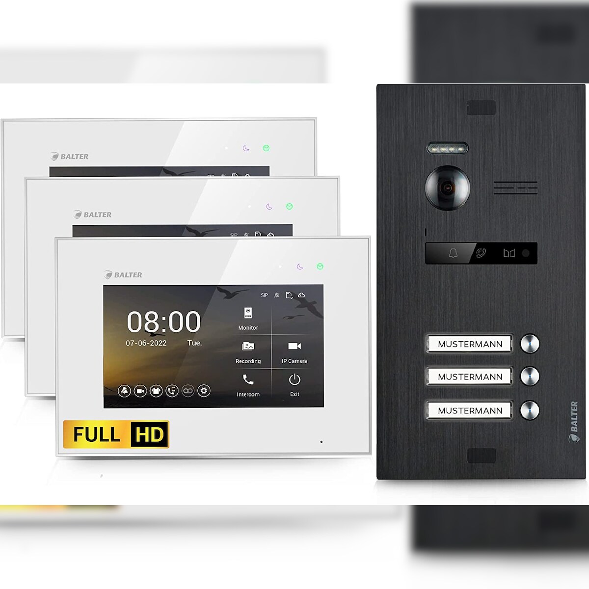HD Video Türsprechanlage für 3 Familienhaus, 3x Monitor, Balter EVO HD Schwarz Image