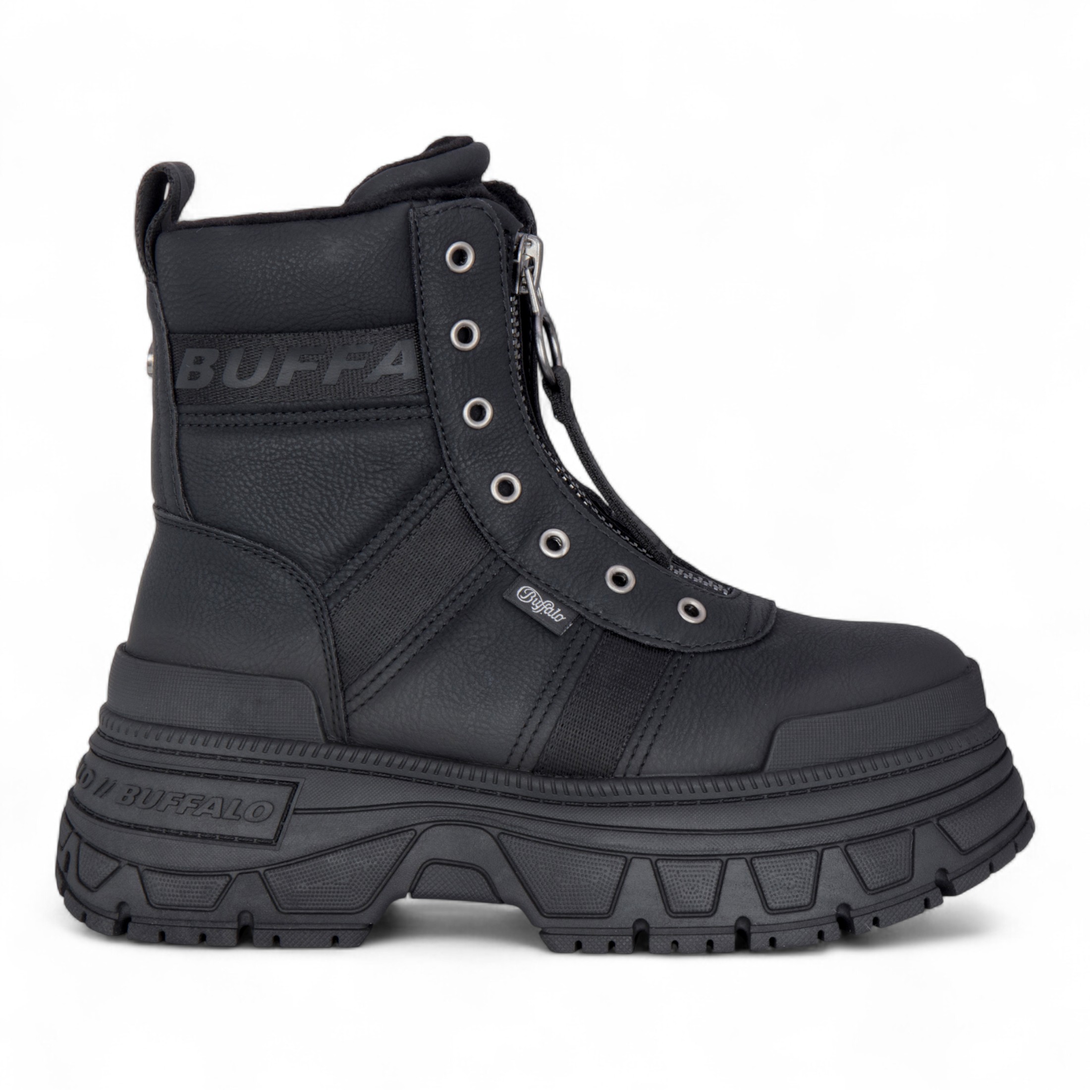 Buffalo Damen Schwarze Chunky Plateau-Kampfstiefel mit Frontreißverschluss - Fusion Image