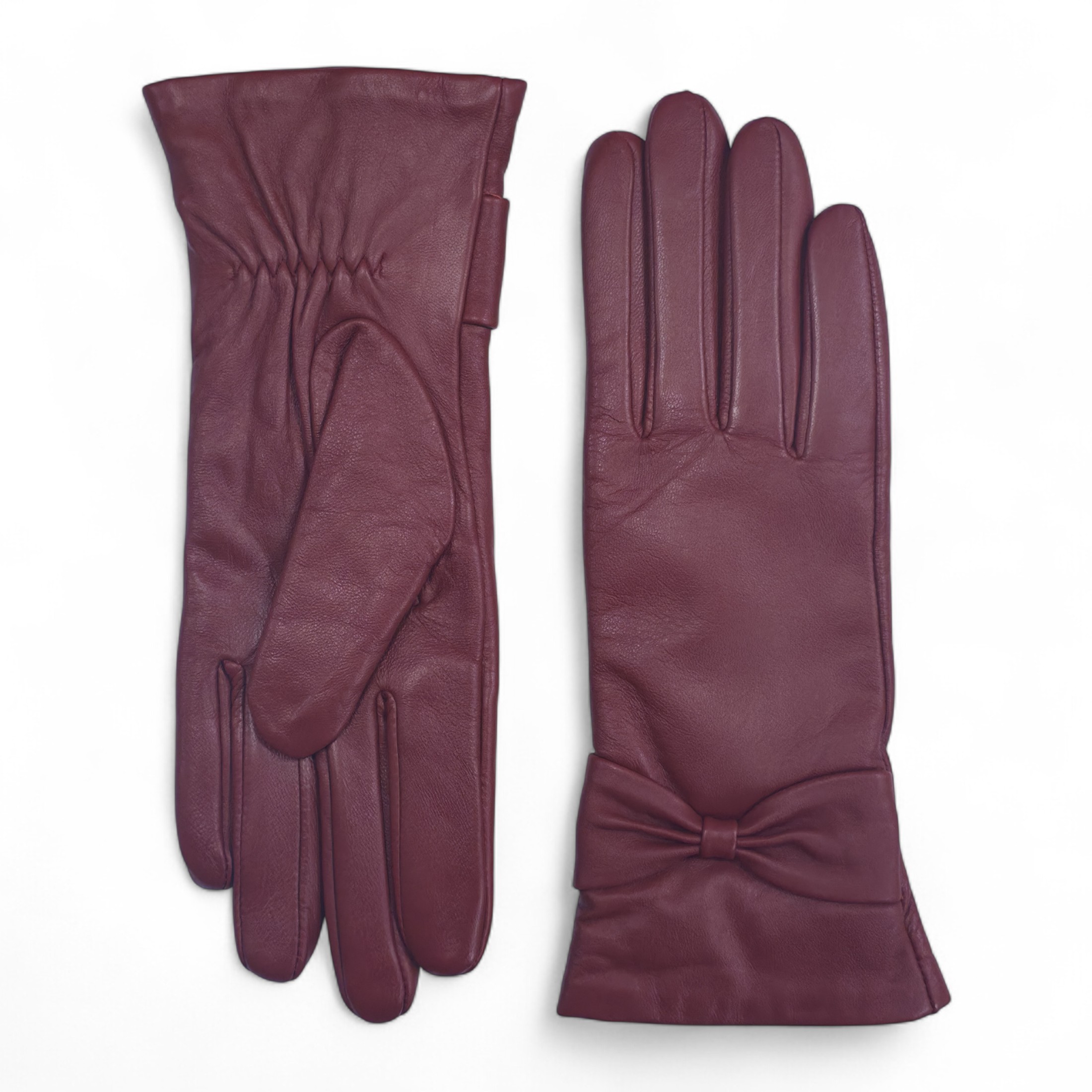 Damen-Fahrhandschuhe aus burgunderrotem italienischem Leder mit weichem Wollfutter und Schleifendesign für den Winter Image