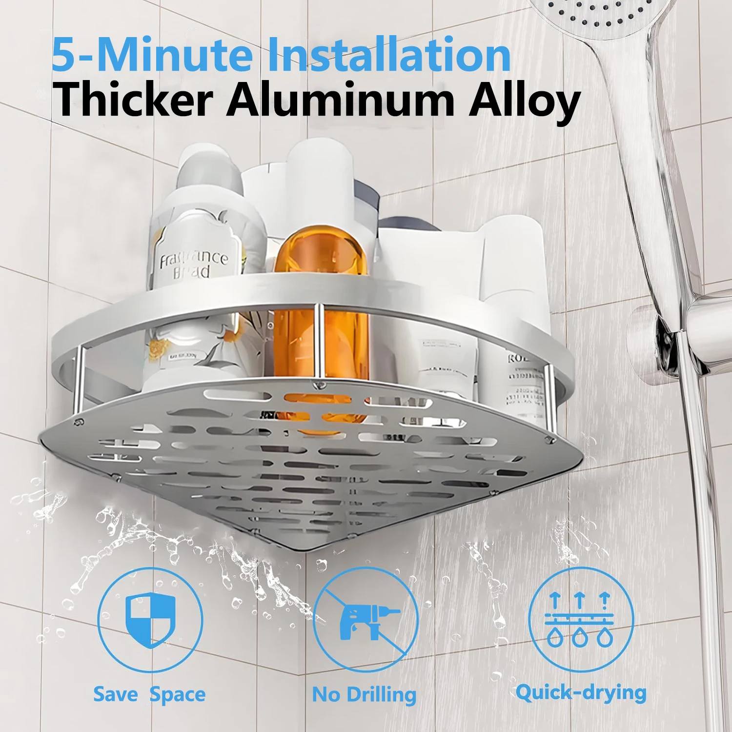 Chariot de douche d'angle Argent Étagère de salle de bain Sans forets Organisateur de douche de salle de bain Aluminium Montage mural Support de stockage pour salle de bain