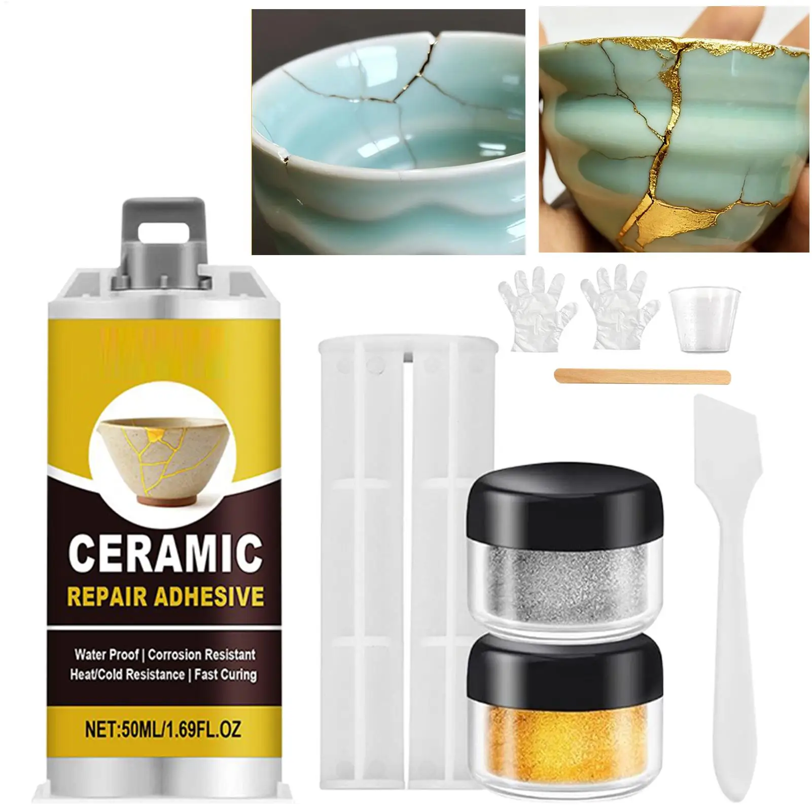 Porzellan-Reparatur-Set, Keramik-Kleber-Reparatur-Set für Keramik, selbstklebend, lebensmittelecht, für Badewanne, Waschtisch, Platte, Kunsthandwerk, Figuren