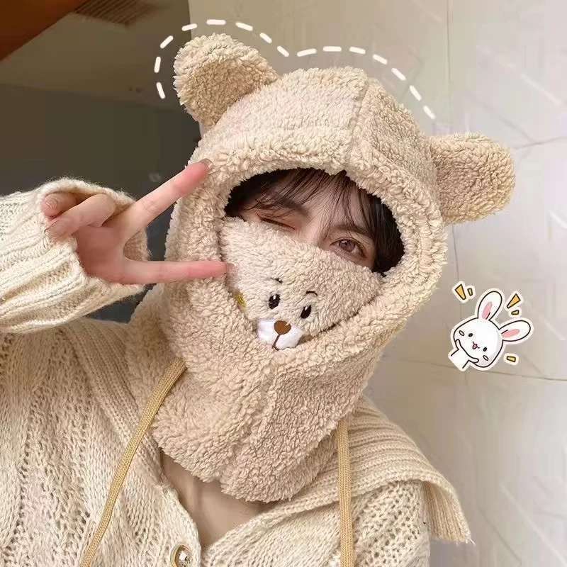 Plüsch Hut Herbst Winter Doppel Fleece Wärme Kleine Bär Hut Nette Kinder Cartoon Schal Kapuze Kappe Junge Mädchen eltern-kind Baby Hut Image