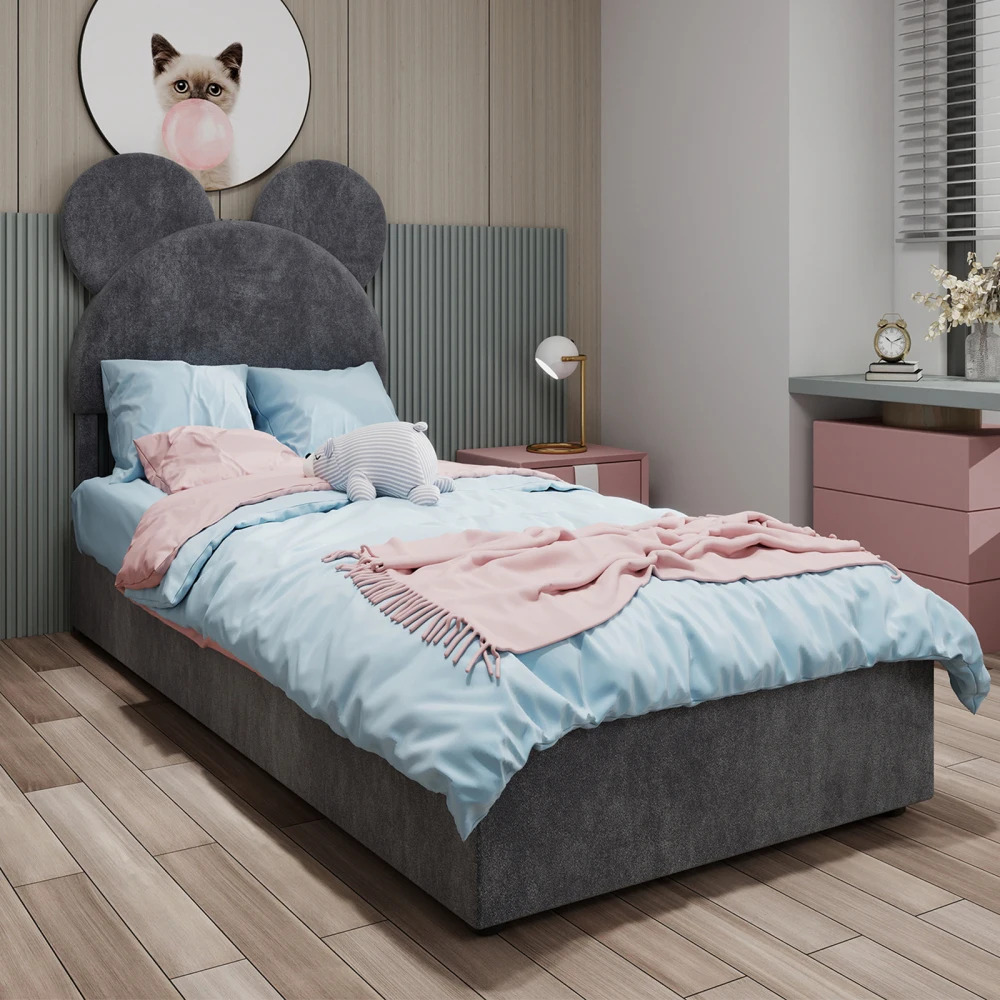 Modernes, minimalistisches Polsterbett mit weichem Kopfteil in Cartoon-Form, 90 x 200 cm Basis mit Gasliftmechanismus, Matratze nicht im Lieferumfang enthalten. Image